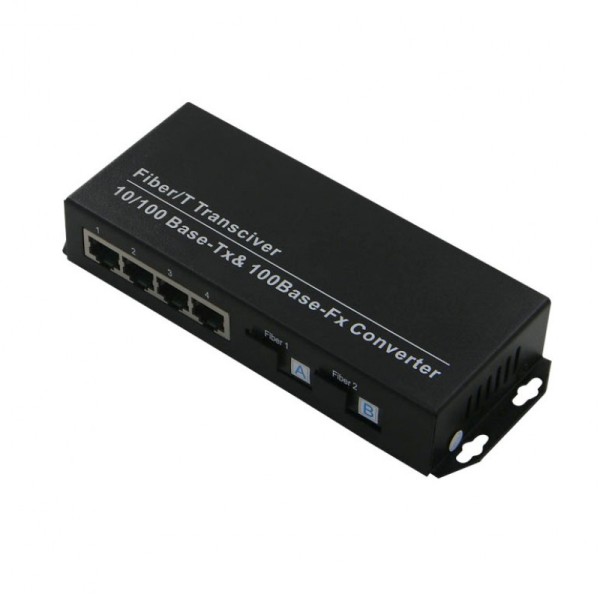 Single Fiber Fast Ethernet Standalone WDM / BiDi Fiber Media Converter, 2-port Fiber & 4-port RJ45, Tx:1310nm/Rx:1550nm, Singlemode, 20km